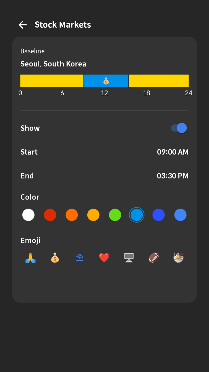 Customize colors and emoji on the schedule of each timezone